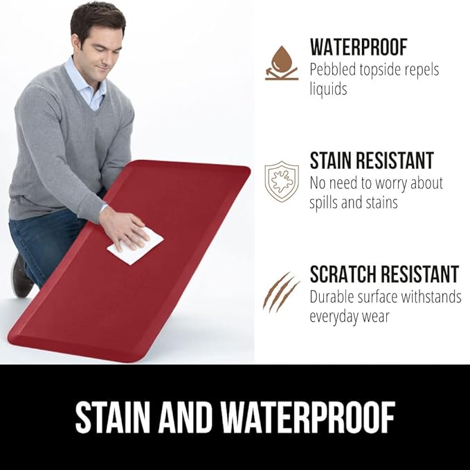 GORILLA GRIP Comfortable Cushioned Kitchen Mats for Floor, Waterproof and Stain Resistant Soft Top, 3/4 Inch Thick Ergonomic Standing Desk Anti Fatigue Mat, Foam Supports Ankles and Feet, 17x24, Red
