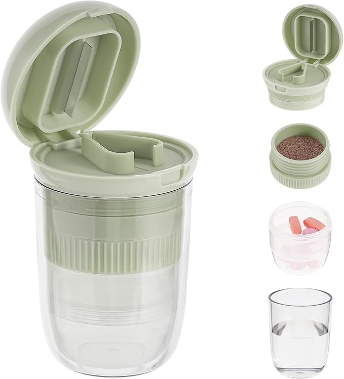 4 in 1 Pill Cutter Splitter, Pill Cutter for Small or Large Pills, Travel Pill Organizer with Crusher Grinder Fine Powder, Stainless Steel Blade, Removable Drinking Cup (Green)