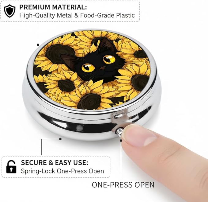 Sunflower Cat Pill Box 3 Compartment Small Pill Case,Portable for Pocket or Purse Pill Organizer Pill Container Holder with Mirror to Hold Vitamins, Medication, Fish Oil and Supplements