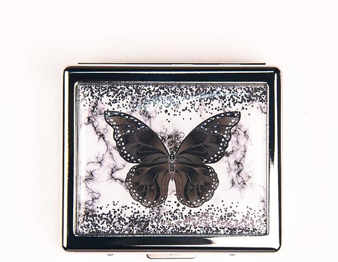 Black Butterfly 7 Days Chromed Shiny Silver Pill Organizer with Mirror Inside Has 8 Separate Compartments Rectangle 7 Days Pill Box Pill Case