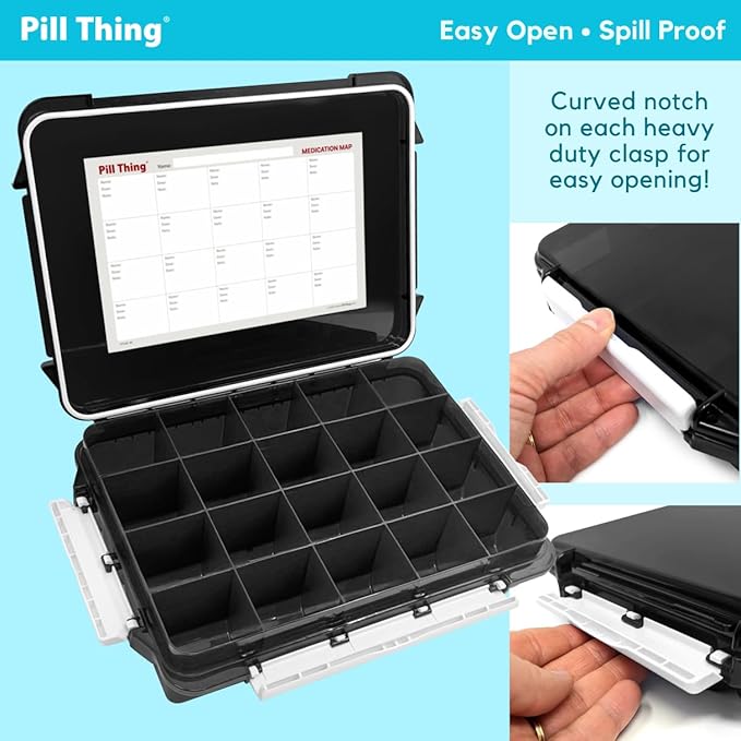 20 Compartment UV Protected Large Cobalt Blue Pill Case with Airtight Seal, Spill Proof, Silicone Gasket Waterproof Med Box with Medication Map (Black and Clear, 20 Compartment - 2 Pack)