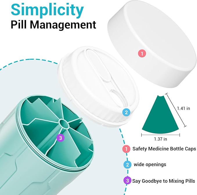 Betife Extra Large Supplement Organizer,Weekly Pill Organizer Bottle, Daily Pill Dispenser with 7 Large Compartments, Organizer to Hold 7 Day Vitamin Medication,21 Labels and a Cleaning Brush(Cyan)