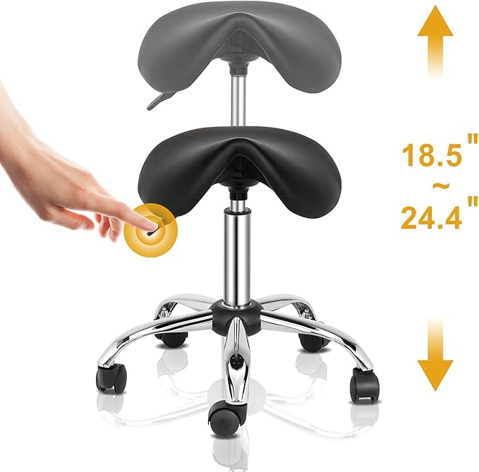OmySalon Adjustable Saddle Stool with Footrest, Hydraulic Rolling Salon Chair, 360° Swivel Wheels Ergonomic Stool for Hair Stylists, Tattoo Artists, Office, Spa, Massage, Dental (Black)