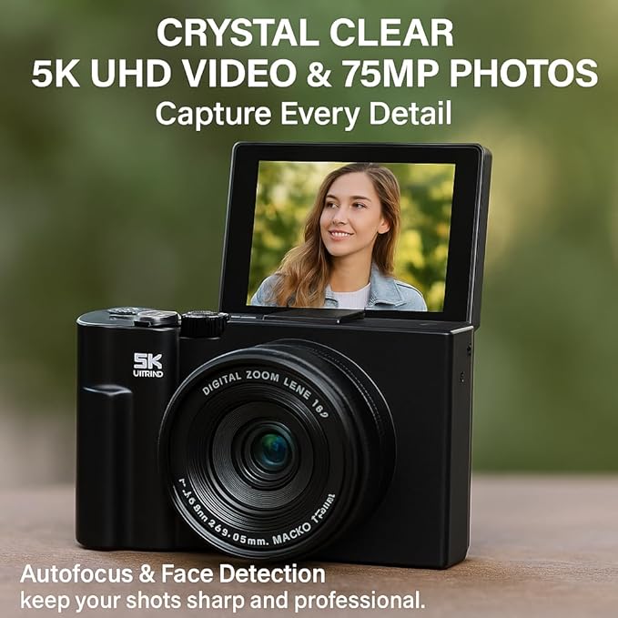 4K/5K Digital Camera – 75MP Vlogging Camera for YouTube, 180° Flip Screen, 18X Zoom, WiFi – Pink Ultimate Kit with 64GB Card, 50" Tripod, Carrying Case, Macro/Wide Lens, Flash & Filters – Acuvar