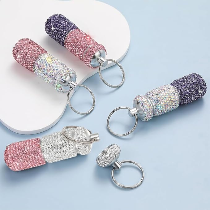 Bling Pill Case Portable Travel Pill Container Bottle Rhinestone Waterproof Small Pill Holder with Keychain Cute Mini Pill Storage Box (white pink)