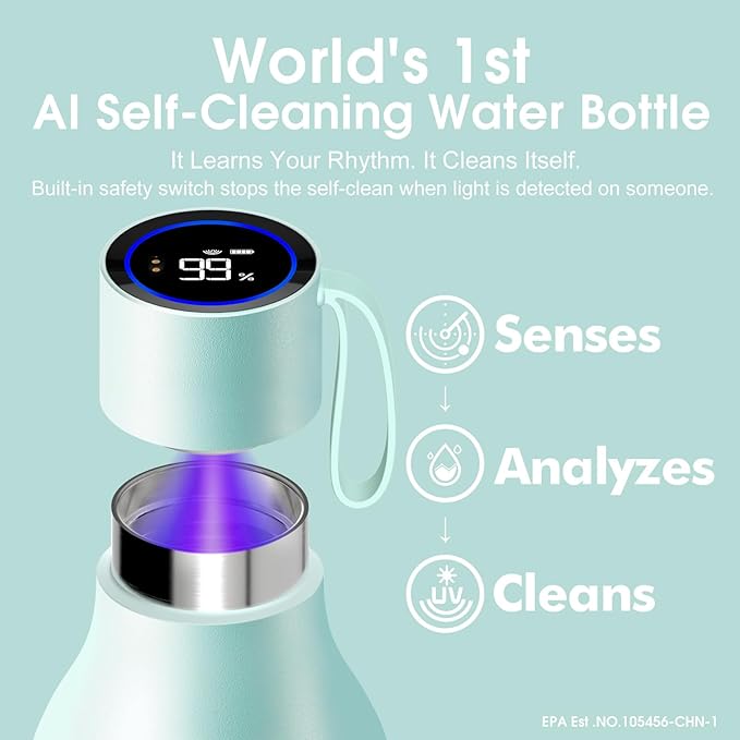 VSITOO 33oz Smart Self-Cleaning Water Bottle，Large Insulated Stainless Steel Bottle with AI Self-Clean, 30-Day Battery & Magnetic Charging for Outdoor Travel, Gym or Office, Blue