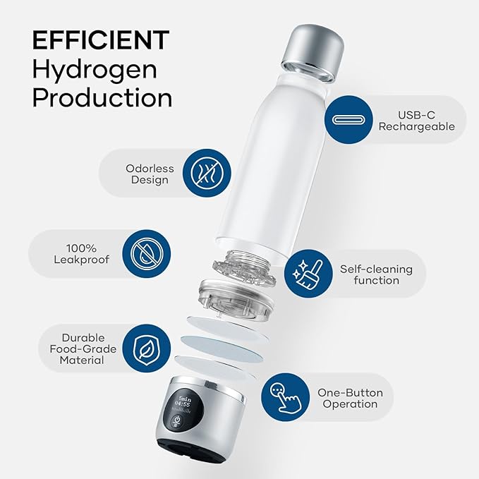 BUZIO Hydrogen Water Bottle, 4000+ PPB Concentration Alkaline Water Generator with Gen5 SPE/PEM Technology, Portable Athletic Performance Alkaline Hydration System Machine, Silver