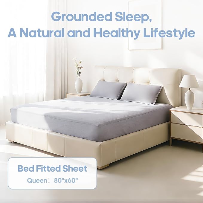 Queen Size Grounding Sheet, Earthing Fitted Bed Sheet with 50% Bamboo Viscose, 45% Organic Cotton, 5% Silver Fiber for Deep Sleep & Anxiety Relief
