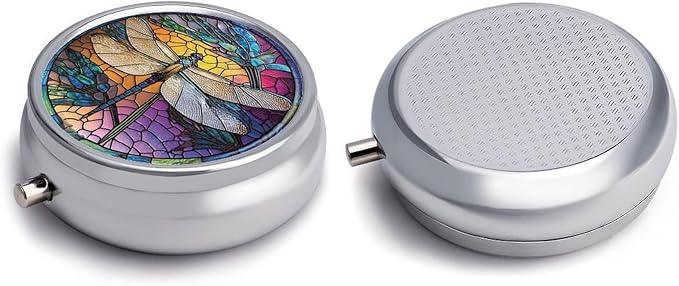 Transparent 3-Compartment Medicine Pill Case, Portable Round Pill Box for Pocket or Purse, Decorative Metal Medicine Vitamin Organizer. (Dragonfly)