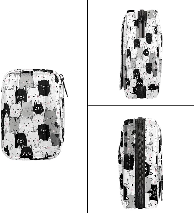 Black White Cat Pill Case Travel Pill Organizer Weekly 7 Day Portable with Zipper Medicine Box Pill Case for Vitamins, Birth Control,Fish Oils,Medication, Supplements