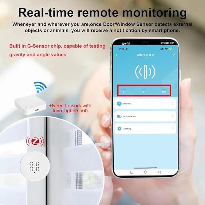 Haozee Smart Vibration Sensor Alarm, Real-time Monitoring, Door/Window Vibration Detection Alarm for Home Security, App Remote Control, Supports Home Assistant Zigbee2MQTT