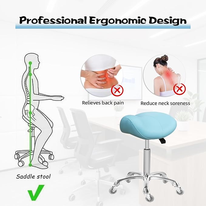 Saddle Stool Rolling Ergonomic Swivel Chair for Esthetician Massage Clinic Kitchen Tattoo Salon Cutting,Adjustable Hydraulic Posture Stool with Wheels (Without Backrest, Cyan)