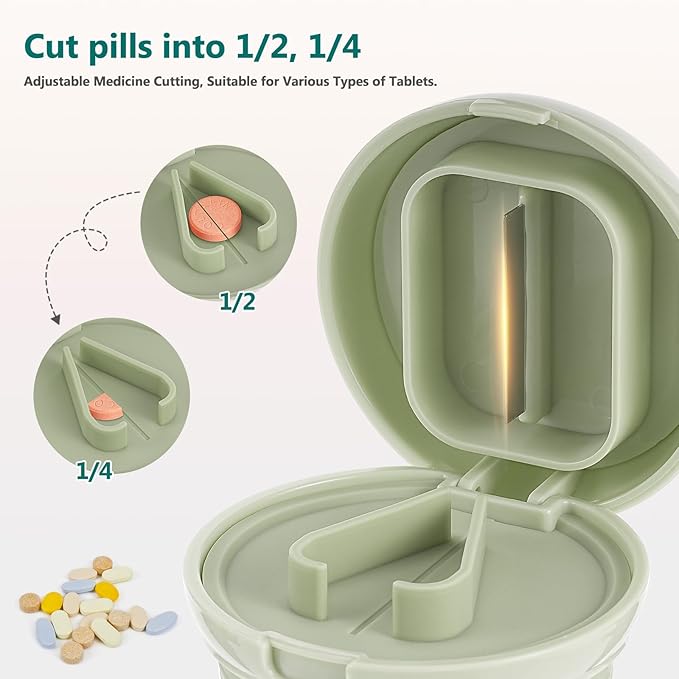 4 in 1 Pill Cutter Splitter, Pill Cutter for Small or Large Pills, Travel Pill Organizer with Crusher Grinder Fine Powder, Stainless Steel Blade, Removable Drinking Cup (Green)