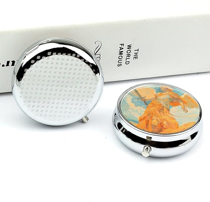 Angel Holding Sword Pill Box Travel Pill Case for Purse Pocket Weekly Medicine Organizer with Mirror 3 Compartment Round Medicine Case Portable PillcaseHolder for Daily