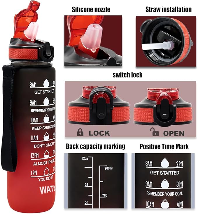 32oz Sports Water Bottle Outdoor, with Drinking Time and Capacity Labels, Sport Water Cups with Straw,BPA Free Leak Proof,for Fitness Gym Running Climbing (Black red)