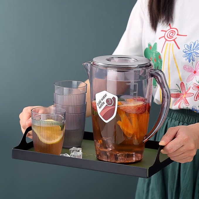 HOMQUEN Plastic Pitcher with 3 Cup, 60 Oz/1.8L Water Pitcher with Lid, Iced Tea Pitcher, Water Carafe, Jar Pitcher, Water Jug with Handle for Tea, Juices, Milk, Cold or Hot Beverages (Gray)