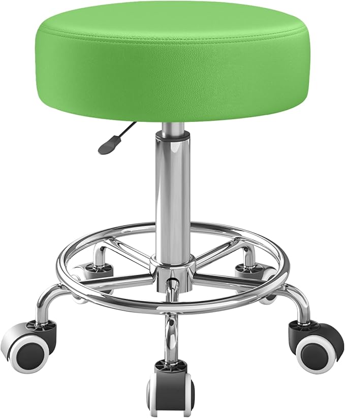 Rolling Stool, Heavy Weight Capacity 250lb, PU Leather Rolling stools, Ultra Soft Padded Seat, Rolling Stools with Wheels and Footrest, 360° Swivel, Spa Drawing Salon Work Office Tattoo Stool (Green)