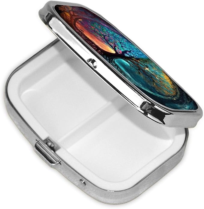 Magic Fantasy Tree Art Print Square Metal Pill Box with 2 Compartment for Pocket or Purse Travel Bag Small Size 2.2 inche