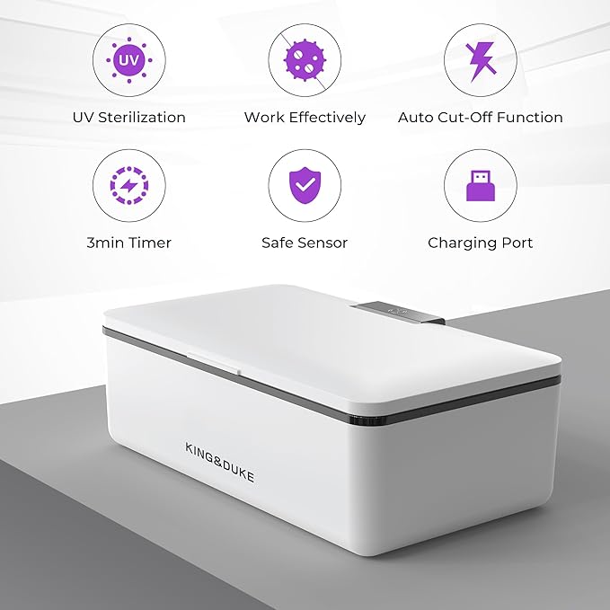 KING&DUKE Phone Sanitizer, UV Sanitizer Box with 360° UV-C Light, Portable UV Phone Sanitizer for Cell Phone, Keys, Glasses, Earphones – White