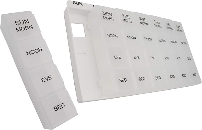 ProMed Weekly 4 Times Daily 7 Day Pill Organizer for Medication, Vitamins & Supplements | Ergonomic Pill Case with Removable Clear Compartments | BPA-Free & Medical-Grade Plastic