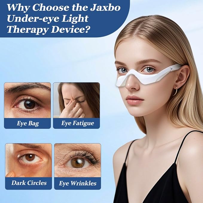 Under-Eye Red Light Therapy Device, Jaxbo Red Light Therapy Glasses with Microcurrent,Eye Massager for Relieve Eye Bags, Eye Fatigue, Dark Circles, with Glasses Cleaning Cloth