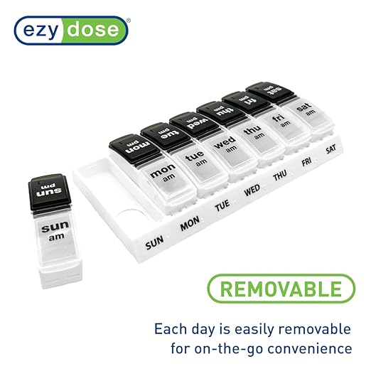 EZY DOSE Weekly (7-Day) Daily AM/PM Pill Case, Medicine Planner, Vitamin Organizer, Supplement Container, Large Pop-Out Compartments, Designed for Travel 2 Times a Day, Black and White Lids