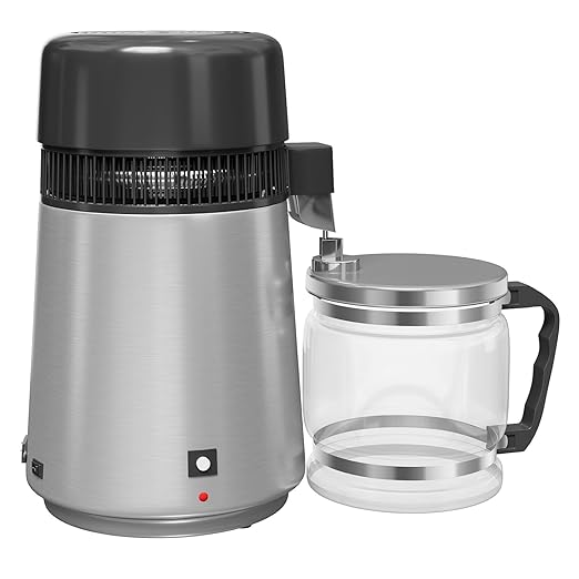 4L Countertop Stainless Steel Distilled Water Purifier, Distilled Water Making Machine with Glass Container, Ideal for Household, Workplace, Lab, and Aquarium Usage-Silver