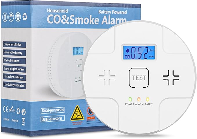 2 in 1,Combination Smoke and Carbon Monoxide Alarm,Detect CO,85 dB Alert,LCD Digital Readout,with 3 * 1.5V AA Batteries,Low Battery Warning,Self Test Button,Easy Installation and Maintenance