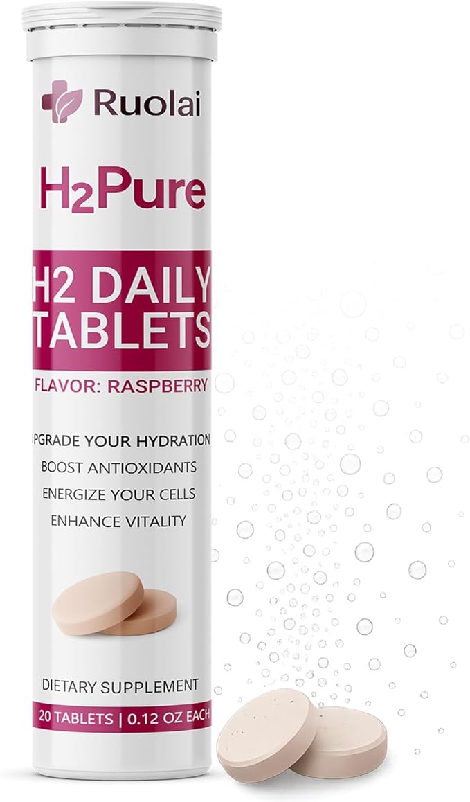 Ruolai H2pure Hydrogen Tablets – H2 Tabs – Fast-Dissolving Hydrogen Supplement for Cellular Hydration, Detox, Liver & Mental Clarity – Caffeine-Free, Vegan (Raspberry)