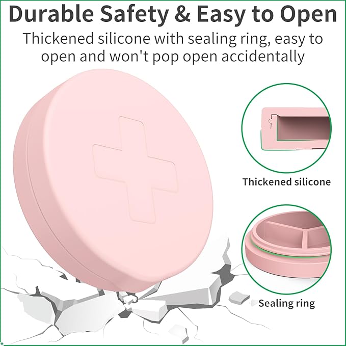2 Pack Small Pill Box,Premium Thick Silicone 3 Compartment Travel Pill Box for Home/Desk Organizer, Portable Compact Medicine Holder for Vitamin, Cod Liver Oil, Supplement(Red+Pink)