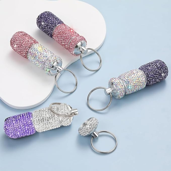 Bling Pill Case Portable Travel Pill Container Bottle Rhinestone Waterproof Small Pill Holder with Keychain Cute Mini Pill Storage Box (white purple)