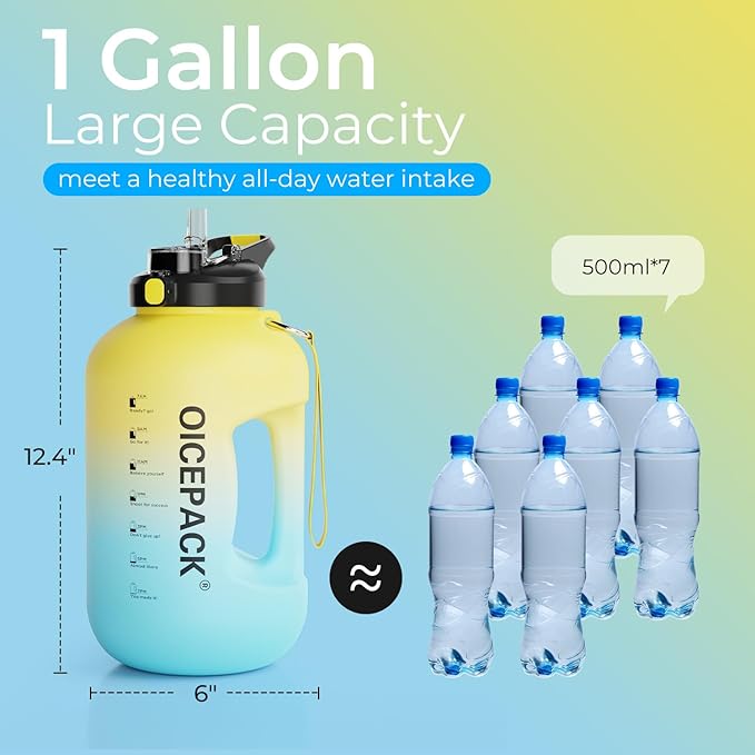 1 Gallon Water Bottle with Straw & Chug lid (optional), BPA Free 128oz Large Water Bottle with Motivational Time Marker and Handle Leak-proof Big Jug