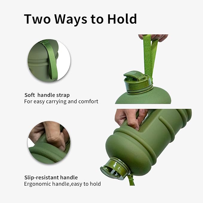 TOOFEEL 2.2 Liters Gym Big Sports Water Bottles for Men - Reusable BPA Free Plastic Clear Water Jug - Unique Water Bottles, Comfurtable to Touch and Easy to Clearn - Matte Olive Water Boottle