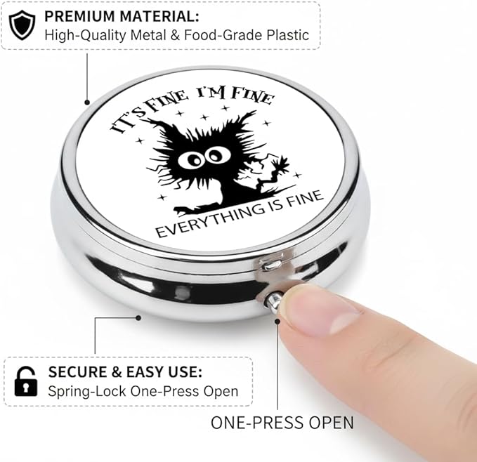 I'm Fine Cat Pill Box 3 Compartment Small Pill Case,Portable for Pocket or Purse Pill Organizer Pill Container Holder with Mirror to Hold Vitamins, Medication, Fish Oil and Supplements