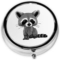 Cartoon Cute Raccoon Printed Round Travel Pill Box Cute Small Metal Pocket Pill Case for Men & Women 3 Compartment Portable Pill Organizer for Purse or Pocket