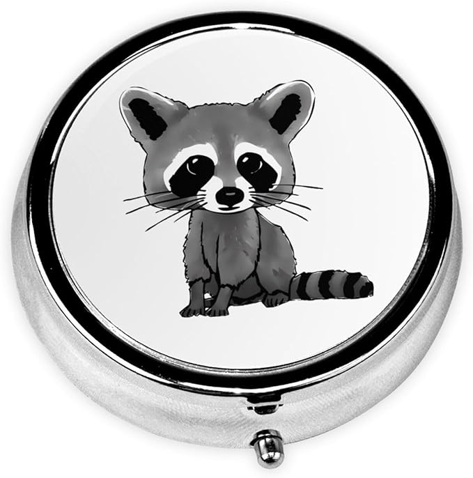 Cartoon Cute Raccoon Printed Round Travel Pill Box Cute Small Metal Pocket Pill Case for Men & Women 3 Compartment Portable Pill Organizer for Purse or Pocket