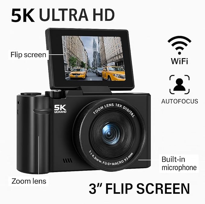 4K/5K Digital Camera – 75MP Vlogging Camera for YouTube, 180° Flip Screen, 18X Zoom, WiFi – Pink Pro Kit with 64GB Card, Tripod, Case, Macro/Wide Lens & UV Filter