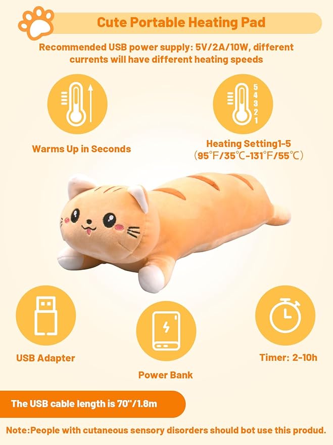 20" Brown Cat Heating Pad for Period Cramps USB Portable Electric 5 Heat Settings 5 Timer Modes Auto Shut Off Plush Stuffed Animal Warmer for Neck Back Pain Relax for Women Kids