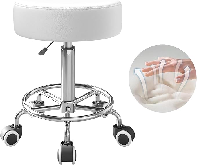 Rolling Stool With Heavy Weight Capacity 250lb, PU Leather Seat, Wheels and Footrest - Ultra Soft Padded, 360 Swivel for Spa, Drawing, Salon, Work, Office, Tattoo (White)