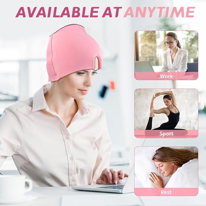 Migraine Relief Cap, Soothing Headache Ice Face Mask Products, Hot and Cold Therapy, Migraine Headache Relief Cap for Migraine, Sinus, Puffy Eyes, Tension, Stress and Hangover (Pink+Green)
