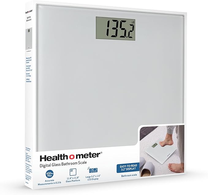 Health o meter Compact Digital Glass Bathroom Scale – 450 lb Capacity, 4 Load Cells, 3.2" LCD Display, Tempered Glass Platform, Auto Shut-Off, Low Battery Indicator, Non-Skid Feet, 5-Year Warranty