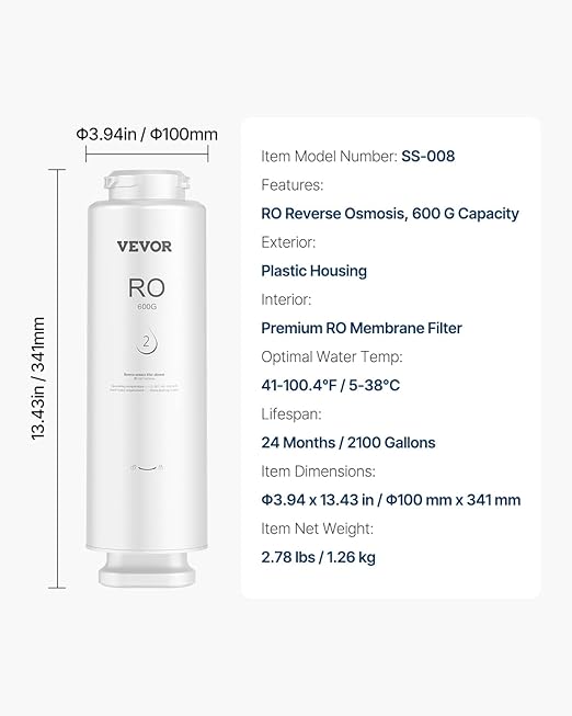 VEVOR Reverse Osmosis Filter, 10-Layers RO Water Filter Replacement, Compatible with SS-003 600 GPD Under Sink Water Filter, 24 Months Reverse Osmosis Filter Cartridge, Reduces Lead, Chlorine, Rust