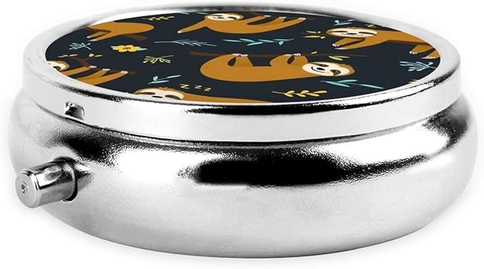 Metal Silver 3 Compartment Pill Box Pocket Portable Mini Travel Pill Case Small Round Decorative Medicine Box Vitamin Pill Organizer with Sloth