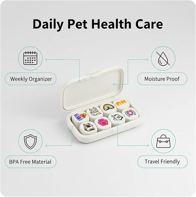 Cute 7 Day Pill Organizer Box with Medicine Labels, 8 Compartments Travel Pill Case Airtight Moistureproof, for Vitamins, Fish Oil, Supplements