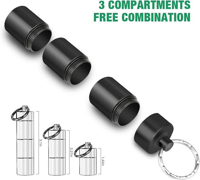 Opret 2 Pack Keychain Pill Holder, 3 Compartments Metal Small Pill Case, Waterproof Portable Travel Pill Box, Pill Container for Purse, Matte Black & Silver
