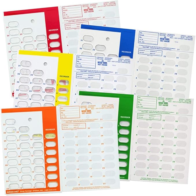 Color Coded Monthly 31 Day Medication Blister Cold Seal Cards - Daily AM/PM 3X 4X 5X a Day Pill Organizer (5 Pack - Orange Green Yellow Blue Red)