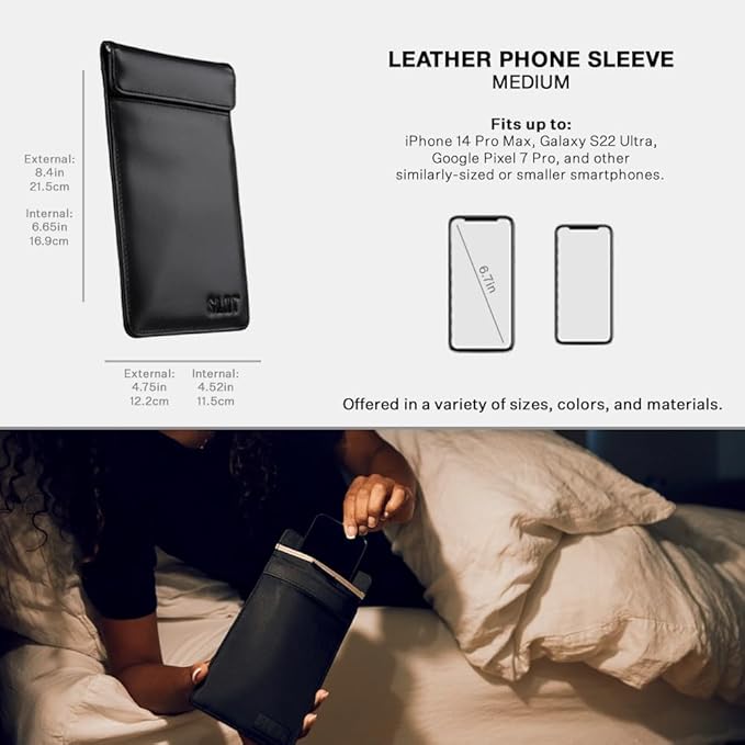 Silent Pocket SLNT Faraday Leather Smartphone Sleeve Signal Blocking Device Shielding for iPhone, Samsung Galaxy, Most Phones, Anti-Hacking (Black Leather, Medium)