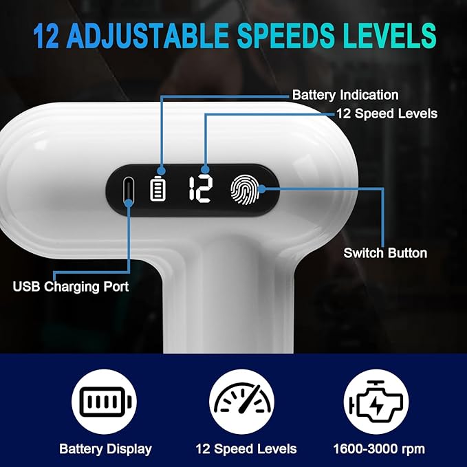 Massage Gun Deep Tissue, Percussion Massager Gun for Athletes Muscle with 9 Replacement Heads for Pain Relief, Super Quiet Portable Electric Massager (White-mini Massage Gun)