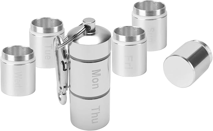 Weekly Pill Fob, Aluminum Alloy Waterproof Pill Cases Box Dispenser Travel Pill Box 7 Days Printed Pill Holer Container Medicine Organizer with Key Chian & Buckle for Travel Camping Rely2016 (1)