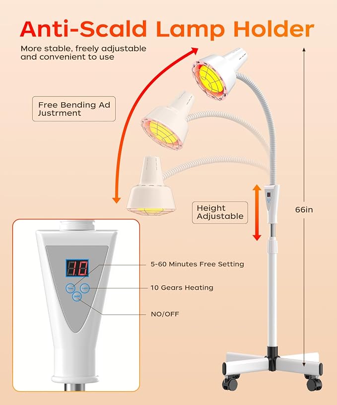 LHCYLDQ 275W Infrared Light Therapy Lamp - Red Near Infrared Heat Lamp for Joint Muscle Pain, Adjustable Standing Lamp Head with Freely Adjustable Temperatur(White)